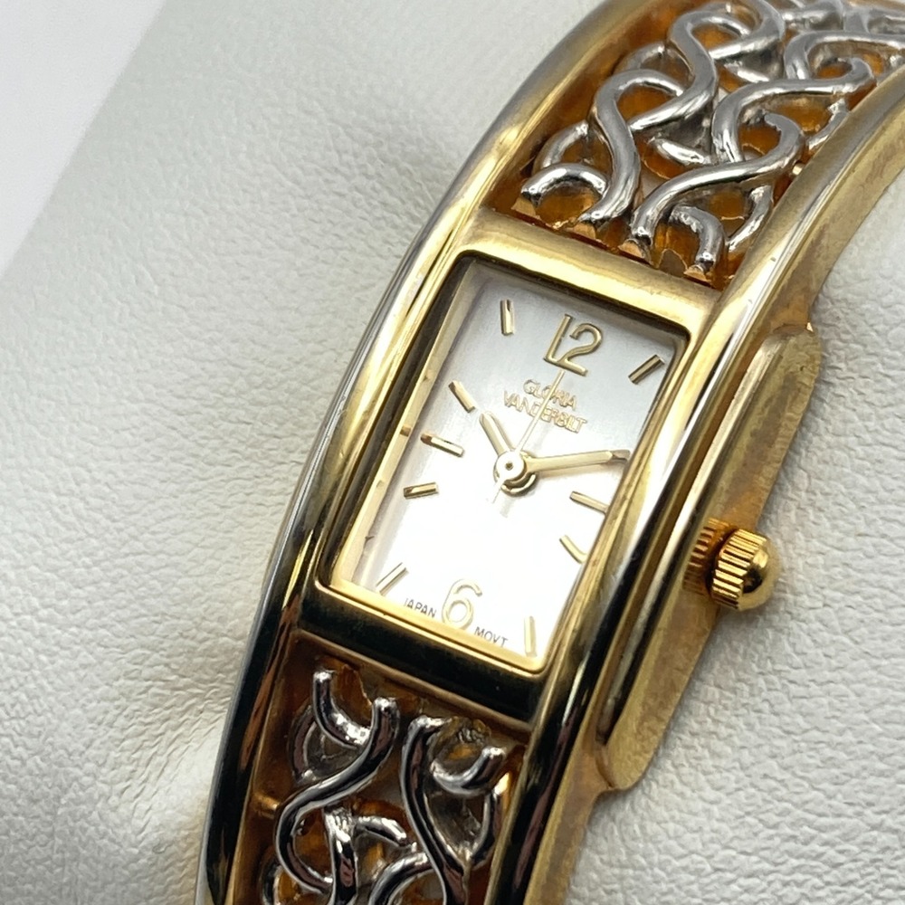 Gloria Vanderbilt Women's Watch Two Tone Cuff Scrollwork New Battery SMALL 6"